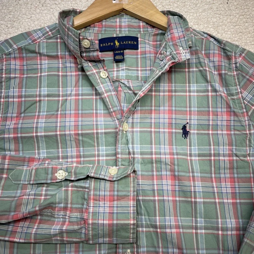 Ralph Lauren Button Down Boys L(14-16) Green Pink Plaid Long‎ Sleeve Pony Shirt